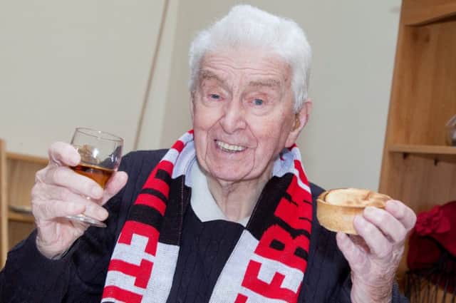 James Crombie, one of the oldest football fans in the UK, who credited his long life to a "wee bit of brandy" and mince pies, has sadly passed away at the age of 108. Picture: SWNS