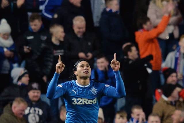 Carlos Pena celebrates scoring Rangers' second goal of the game against Aberdeen. Picture: PA