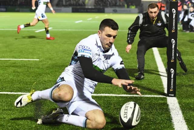 Glasgow Warriors' Leo Sarto goes over in the corner for a try. Picture: Gary Hutchison/SNS/SRU