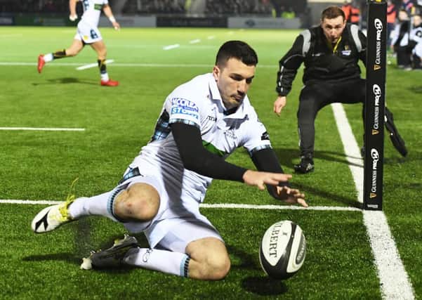 Glasgow Warriors' Leo Sarto goes over in the corner for a try. Picture: Gary Hutchison/SNS/SRU