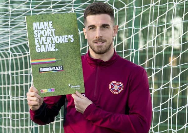 Hearts' Cole Stockton shows his support for the Rainbow Laces campaign. Picture: Alan Harvey/SNS