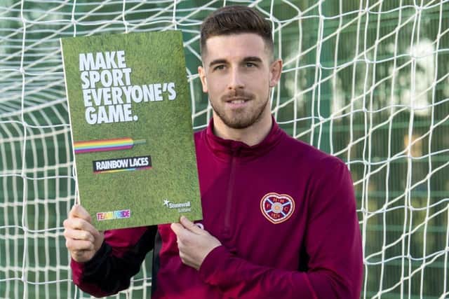 Hearts' Cole Stockton shows his support for the Rainbow Laces campaign. Picture: Alan Harvey/SNS