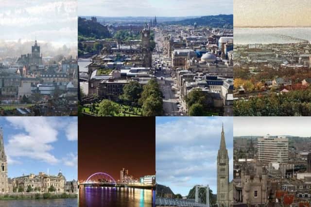The seven cities of Scotland. Clockwise from top left: Stirling, Edinburgh, Dundee, Aberdeen, Inverness, Glasgow and Perth. Pictures; Creative Commons