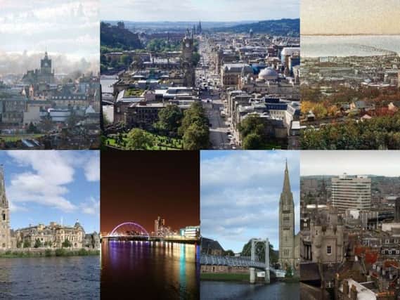 The seven cities of Scotland. Clockwise from top left: Stirling, Edinburgh, Dundee, Aberdeen, Inverness, Glasgow and Perth. Pictures; Creative Commons