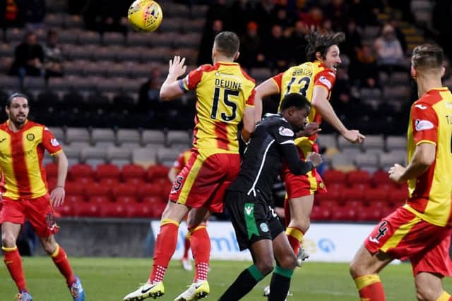 Partick Thistle's Adam Barton heads into his own net. Picture: SNS/Gary Hutchison
