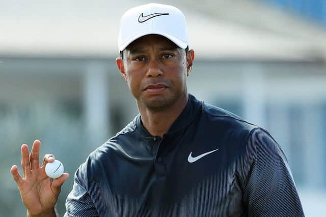 Tiger Woods reacts to his par on the fifth green during the third round of the Hero World Challenge in the Bahama. Picture: Mike Ehrmann/Getty Images