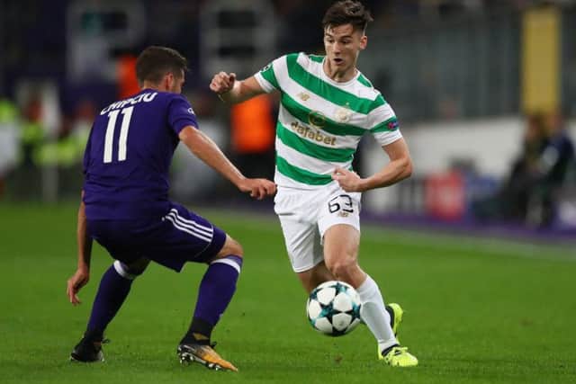 Alexandru Chipciu of Anderlecht and Kieran Tierney of Celtic battle for possession during the September meeting in Brussels. Picture: Getty Images