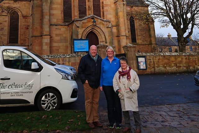 The Pagans, pictured here with Reverend Susan Brown, the minister at Dornoch and the Moderator Designate of the General Assembly, said they were sickened by the theft and decided to donate the lost sum to the church. PIC: Contributed.