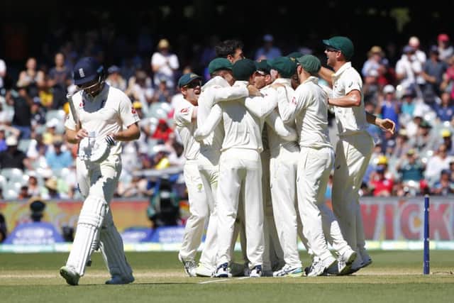 Australian players celebrate the final wicket of Jonny Bairstow. Picture: PA