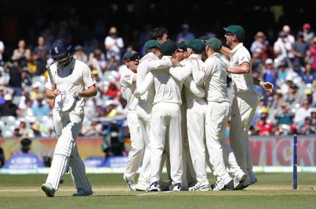 Australian players celebrate the final wicket of Jonny Bairstow. Picture: PA