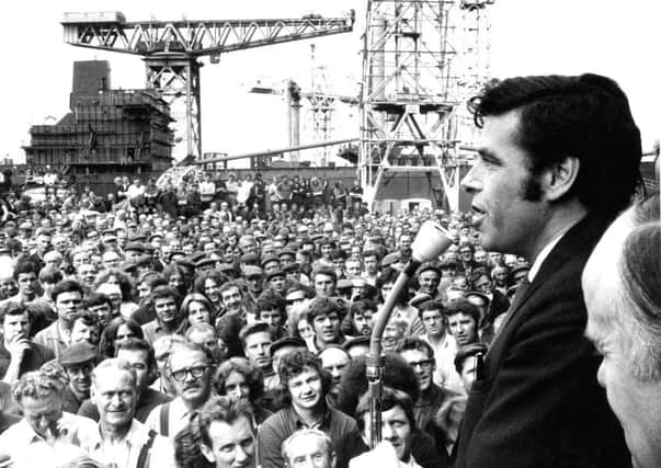 Shop stewards convener Jimmy Reid addresses a mass meeting of the Upper Clyde Shipyards at Clydebank, July 1971.