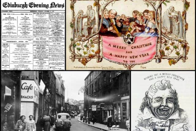 Clockwise from top left: Edinburgh Evening News reported the claim in the 1930s; England first Christmas card was released in 1843; Drummond's Christmas card dates from two years earlier; Drummond's shop was in the Kirkgate, Leith.
