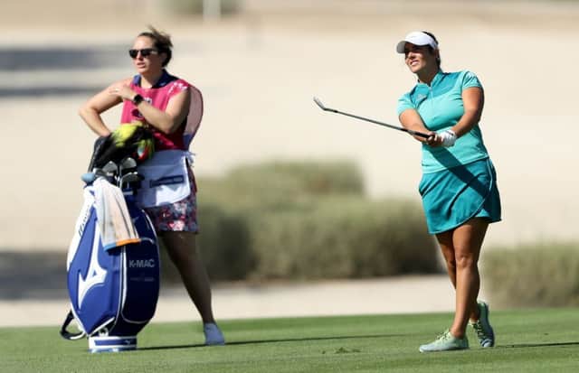 Keley MacDonald hits an approach on her way to a four-under-par 68 at the Majlis Course at Emirates Golf Club. Picture: Getty Images
