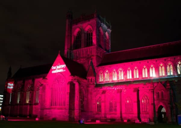 Paisley Abbey lit up in anticipation of the City of Culture 2021 result last week. Picture: Kieran Chambers