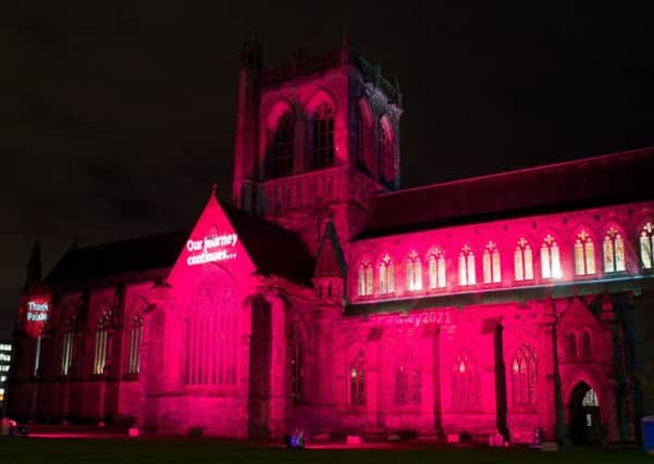 Paisley Abbey lit up in anticipation of the City of Culture 2021 result last week. Picture: Kieran Chambers