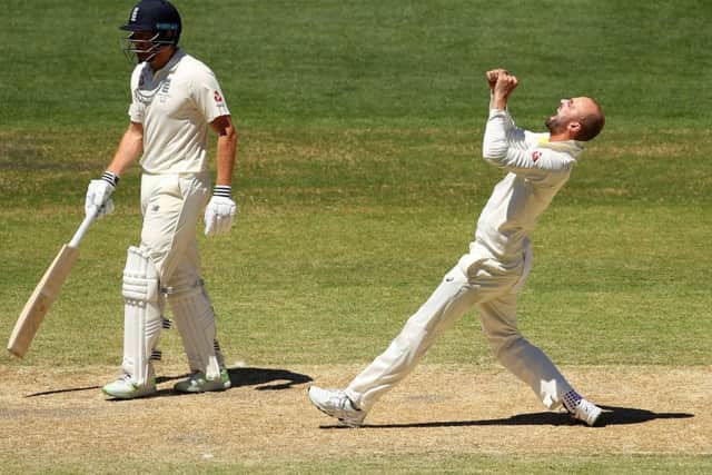 Australia off-spinner Nathan Lyon celebrates after dismissing England's Moeen Ali at the Adelaide Oval. Photograph: Cameron Spencer/Getty