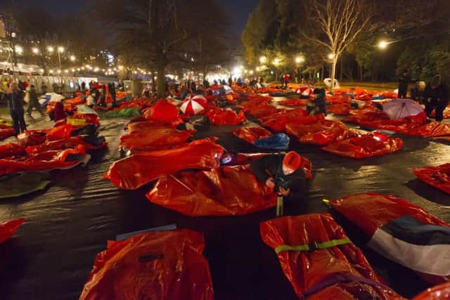 Sleepers bed down for the night during the Sleep in the Park, West Princes Street Gardens, Edinburgh. Picture: TSPL