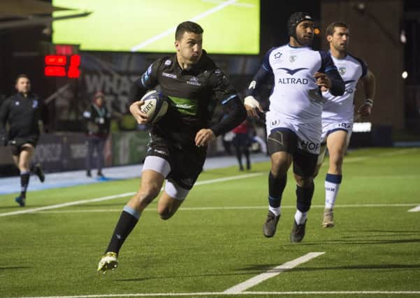 Leonardo Sarto runs through to score for Glasgow against Montpellier but it was the French side who emerged victorious at Scotstoun. Picture: SNS