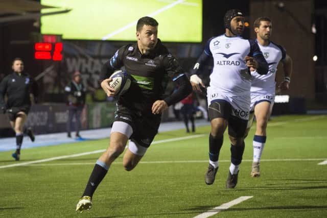 Leonardo Sarto runs through to score for Glasgow against Montpellier but it was the French side who emerged victorious at Scotstoun. Picture: SNS