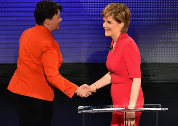 Sturgeon shakes Ruth Davidsons hand after a head-to-head TV debate. They should be able to find common ground on Scotlands future relationship with Europe. Picture: Jeff J Mitchell/Getty