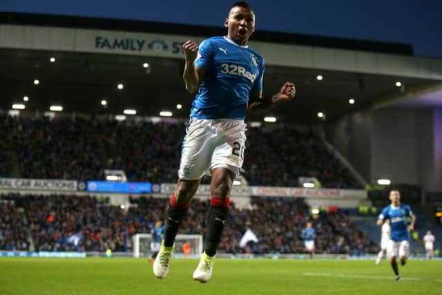 Alfredo Morelos celebrates his equaliser at Ibrox. Picture: PA