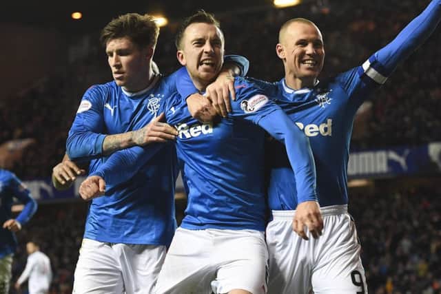 Danny Wilson, centre, celebrates the winning goal. Picture: SNS