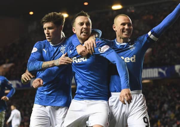 Danny Wilson, centre, celebrates the winning goal. Picture: SNS
