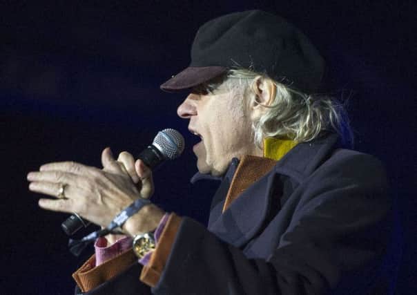 Sir Bob Geldof speaks on stage during the Sleep in the Park, West Princes Street Gardens, Edinburgh.