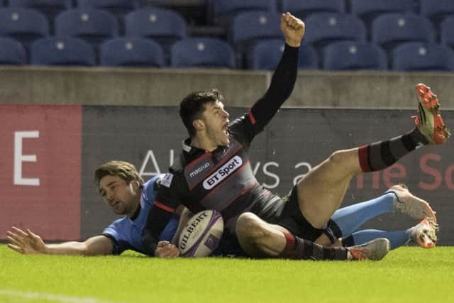 Blair Kinghorn celebrates scoring Edinburgh's second try in Saturday night's win at Murrayfield. Picture: Ross Parker/SNS