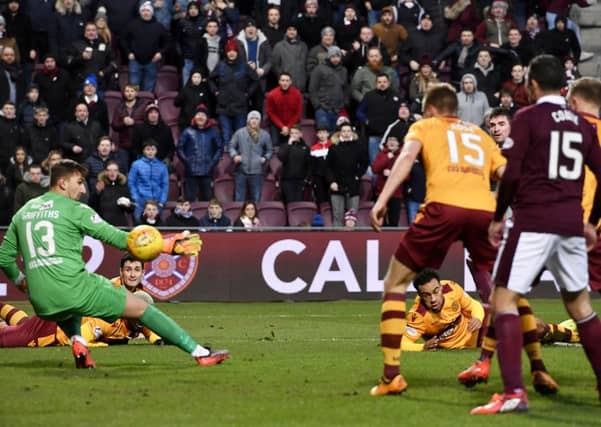 Hearts striker Kyle Lafferty lets fly with a left-foot shot for what turned out to be the only goal of the game. Picture: SNS