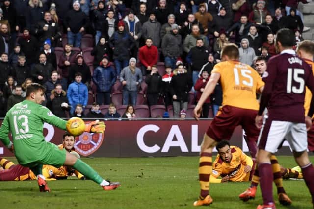 Hearts striker Kyle Lafferty lets fly with a left-foot shot for what turned out to be the only goal of the game. Picture: SNS