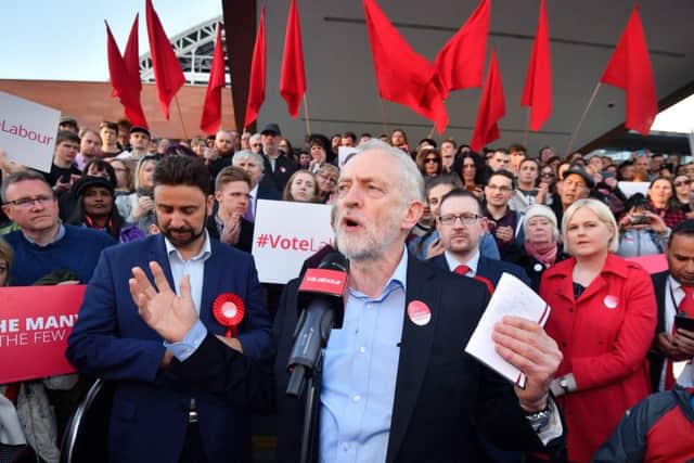 Labour leader Jeremy Corbyn speaks during a Momentum rally outside Manchester Central. Picture: Anthony Devlin/Getty Images