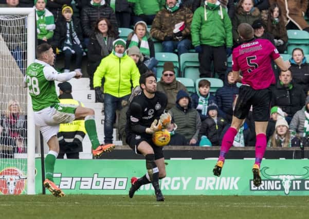 Craig Gordon fumbles the ball in the final minute at Easter Road. Picture: SNS