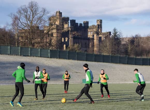 The Celtic players are put through their paces at a frosty Lennoxtown this morning. Picture: SNS Group