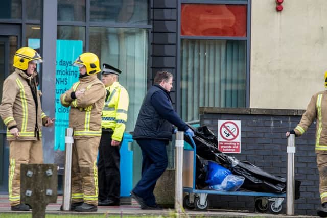 Firefighters dealt with a chemical leak at the New Victoria Hospital in Glasgow.
 Picture: John Devlin/TSPL