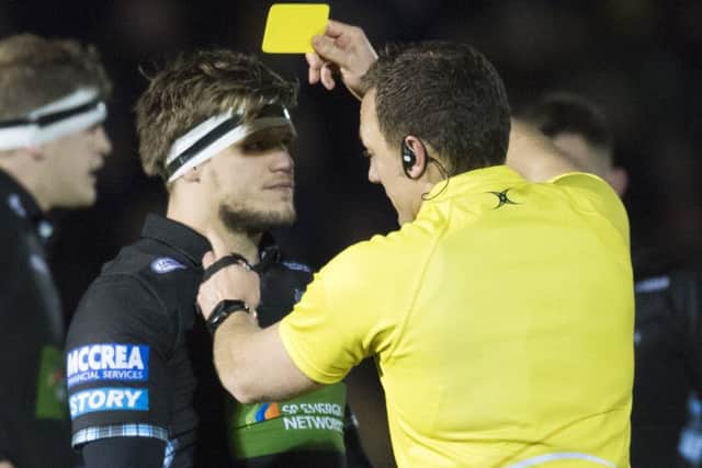 Glasgow Warriors' George Turner is shown a yellow card against Montpellier. Picture: SNS