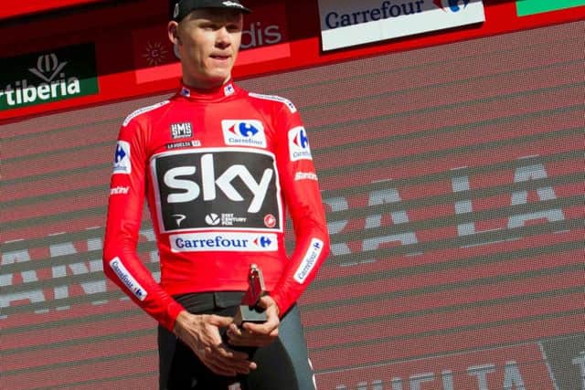 Chris Froome, who later failed a dope test, on the podium after a stage at the 2017 Vuelta a Espana. Picture: Jaime Reina/AFP/Getty