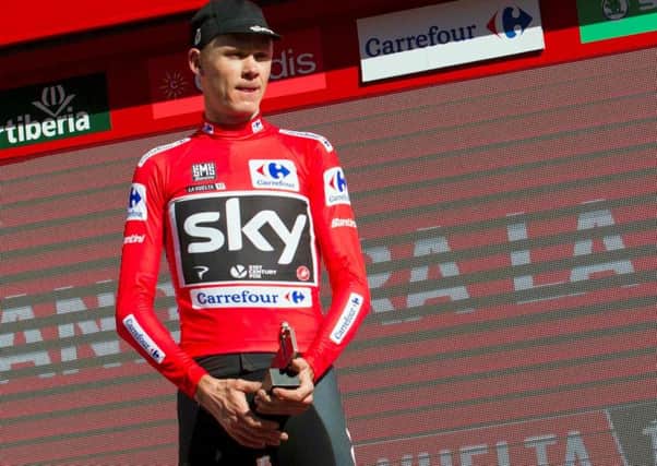 Chris Froome, who later failed a dope test, on the podium after a stage at the 2017 Vuelta a Espana. Picture: Jaime Reina/AFP/Getty