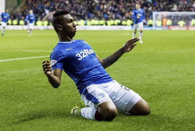 Rangers' Alfredo Morelos celebrates what proved to be the winning goal. Picture: SNS
