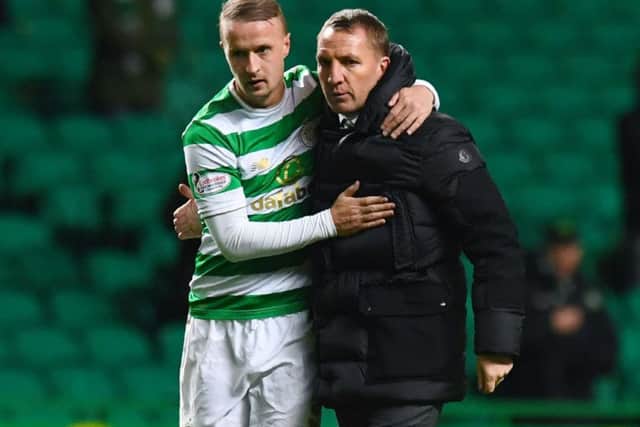 Celtic's Leigh Griffiths with manager Brendan Rodgers at full time. Picture: Craig Williamson/SNS