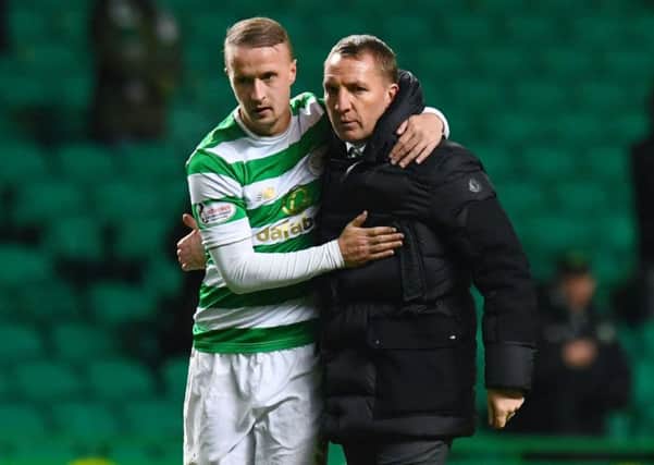 Celtic's Leigh Griffiths with manager Brendan Rodgers at full time. Picture: Craig Williamson/SNS