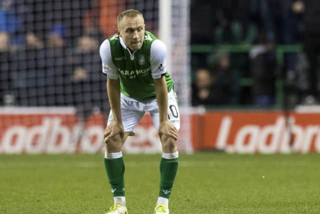 Dejection for Hibernian's Dylan McGeouch at full-time. Picture: SNS