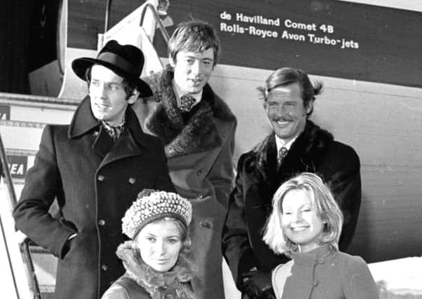 Film stars Roger Moore, Peter McEnery, Hannah Gordon, Sandor Eles and Suzanna Leigh arrive at Turnhouse Airport for the opening of the Edinburgh ABC cinema