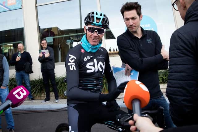 British cyclist Chris Froome smiles at journalists before a training session in Port de Alcudia on the Spanish island of Majorca. Picture: AFP/Getty
