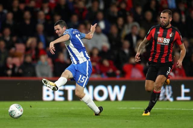 Jamie Murphy has a shot on goal for Brighton during the Carabao Cup match with Bournemouth. Picture: Getty Images