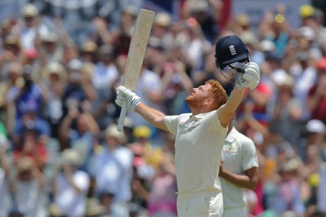 England's Jonny Bairstow looks to the sky after reaching his maiden Ashes century. Picture: AFP/Getty Images