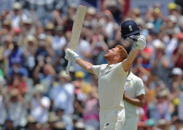 England's Jonny Bairstow looks to the sky after reaching his maiden Ashes century. Picture: AFP/Getty Images