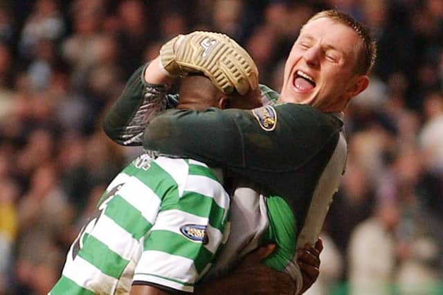 Rab Douglas embracing Bobo Balde after a Celtic victory over Rangers in 2003. Picture: David Moir