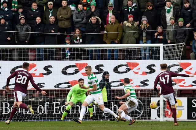 Hearts Harry Cochrane (no 47) scores his side's first goal of the game. Picture: PA