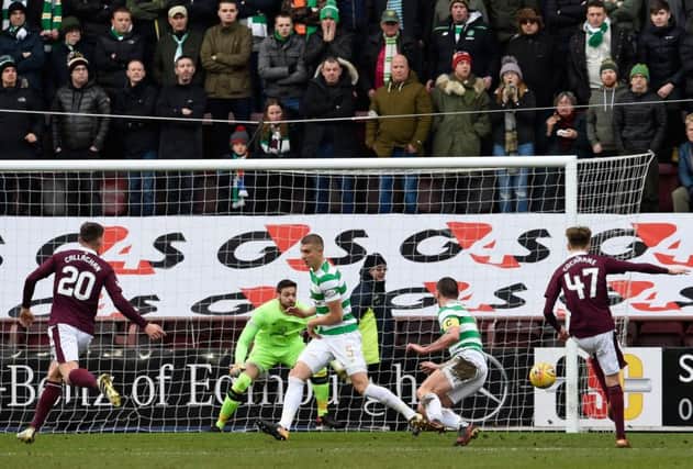 Hearts Harry Cochrane (no 47) scores his side's first goal of the game. Picture: PA